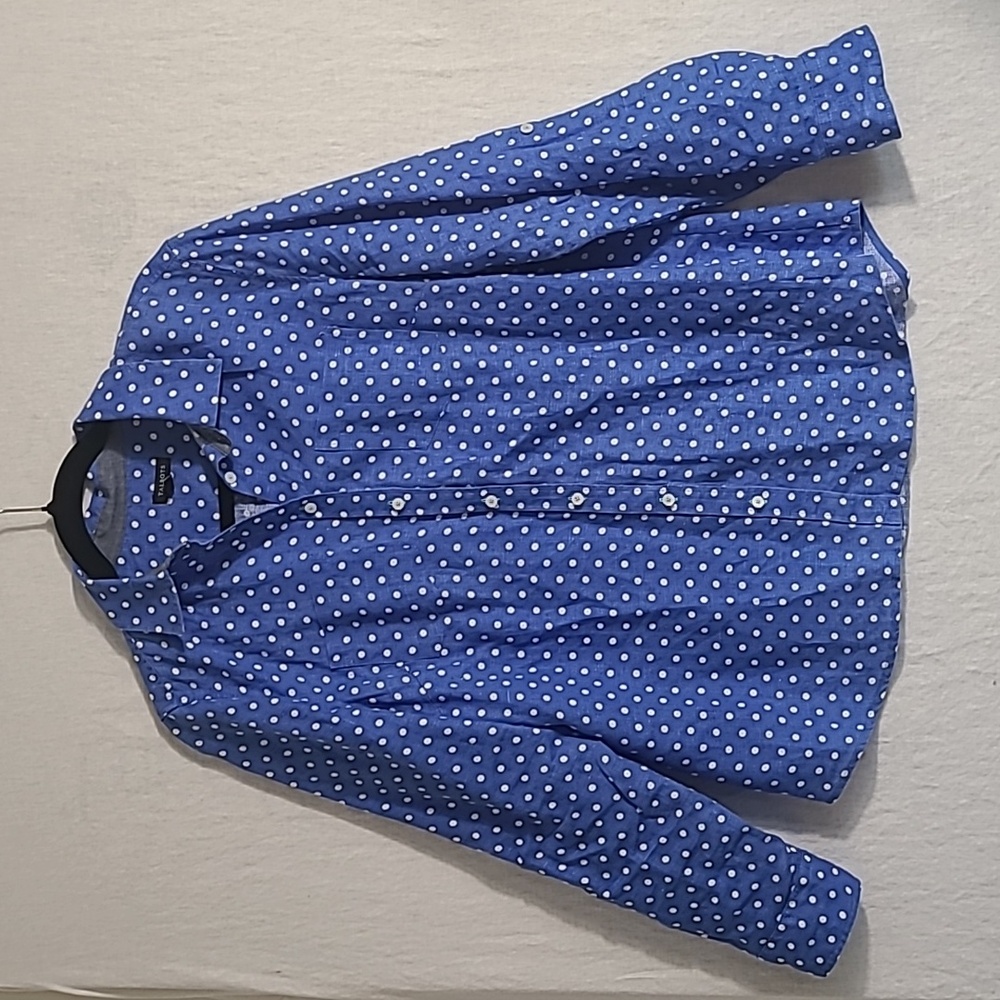 Talbots 100% Linen Blue Polka Dot Button-Up Shirt Size Medium
